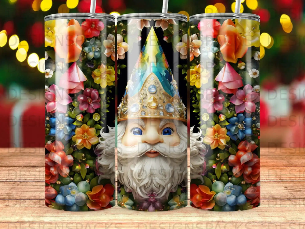 Santa gnome with ornate hat and floral trim.