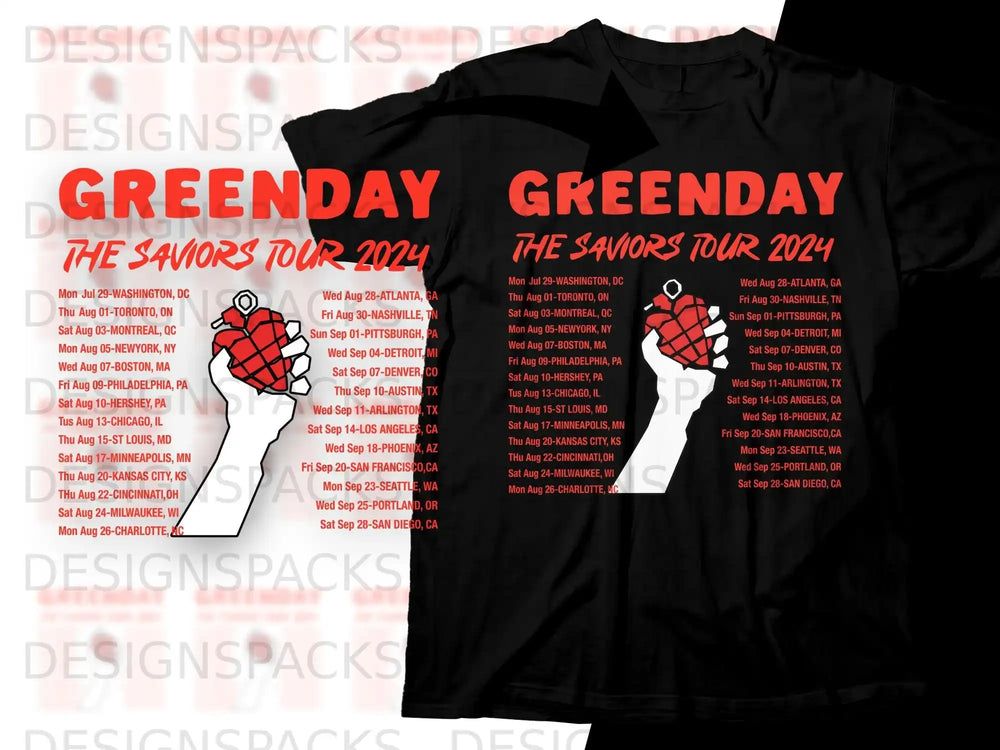 Green Day The Saviors Tour 2024 poster with city and date listings.