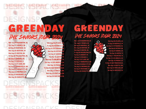 Green Day The Saviors Tour 2024 poster with city and date listings.