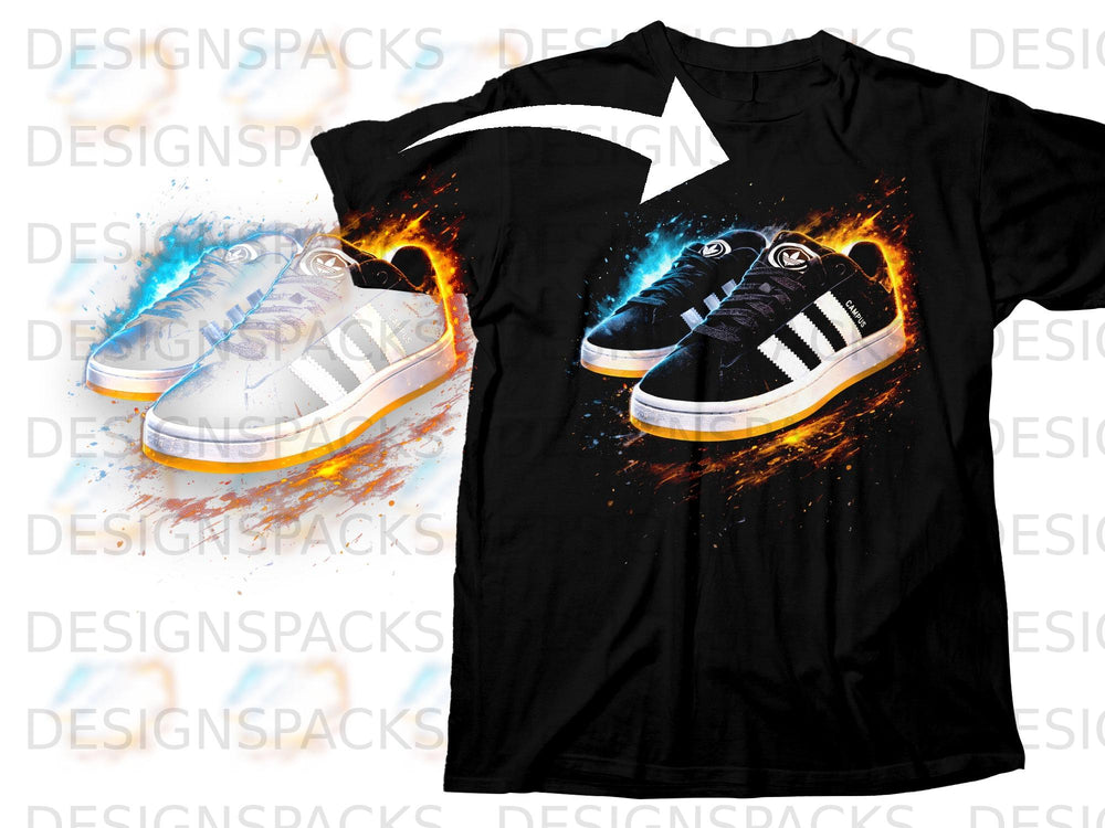 Black t-shirt with graphic of black Adidas Campus shoes with flame and blue energy.