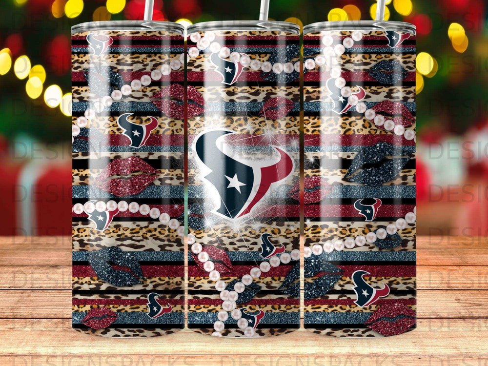 Houston Texans logo with leopard print, red lips, and pearl accents on a striped background.