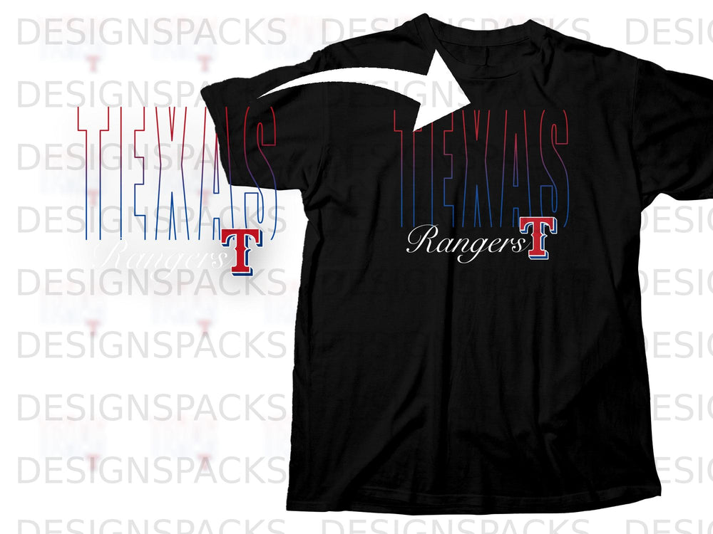 Black t-shirt with outline of "TEXAS" and "Rangers" in red and blue.