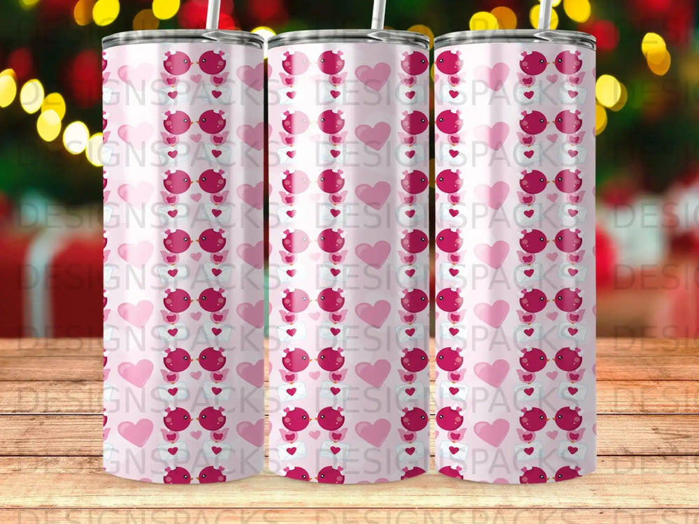 Three tumblers with pink hearts and a cartoon duck design.