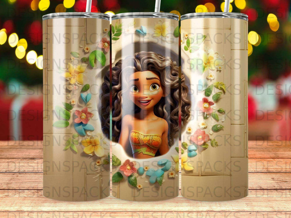 Moana character smiling, surrounded by floral wreath on a tumbler.