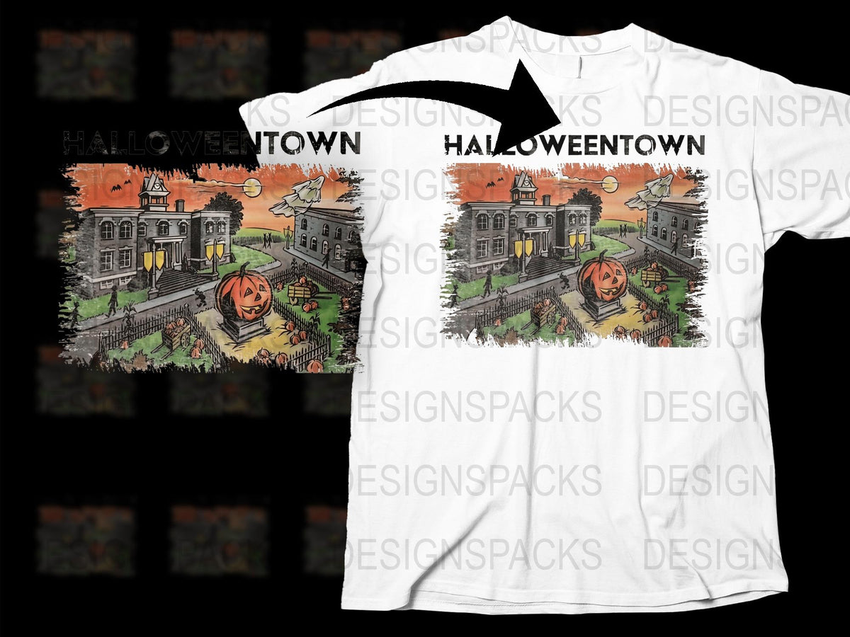 Halloweentown Graphic T-Shirt, Halloween Pumpkin and Haunted House Design, Spooky Season Tee, Unisex Fashion