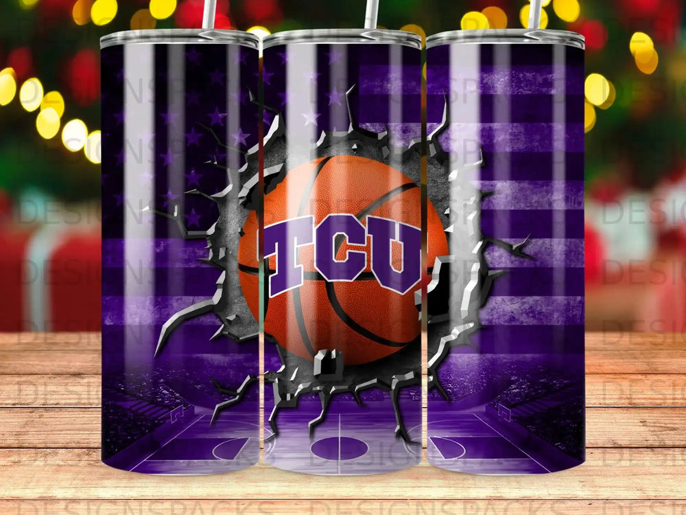 TCU basketball logo superimposed on American flag with stadium background.