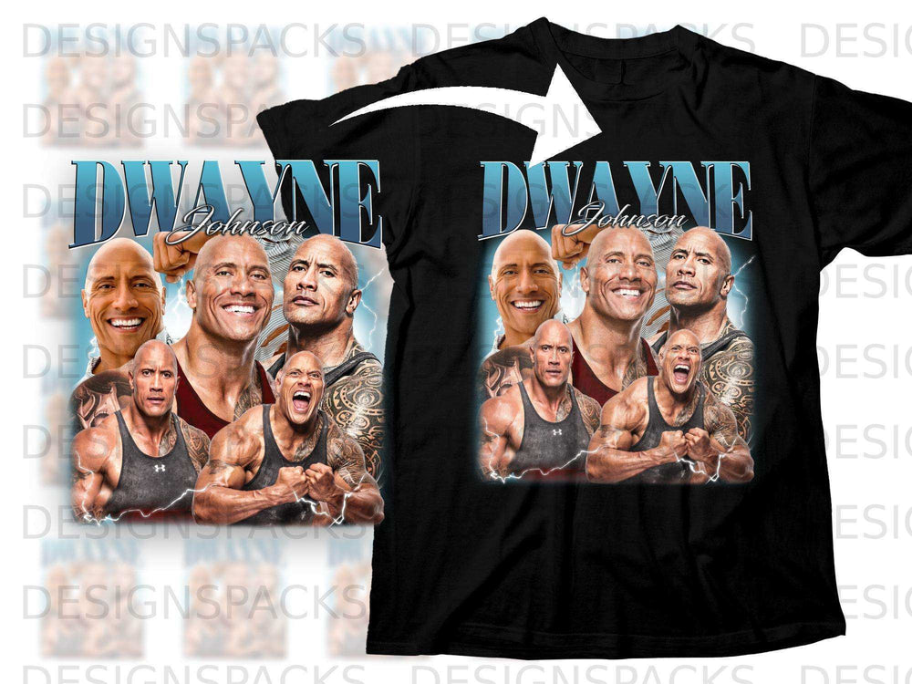 Dwayne Johnson montage graphic on a black t-shirt.