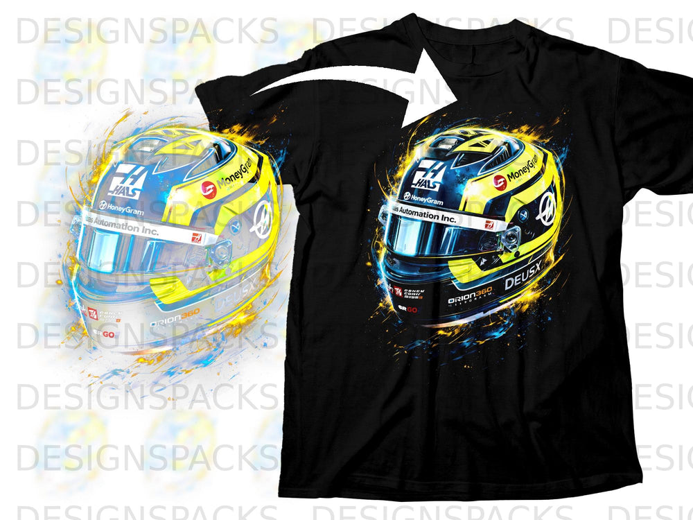 Black t-shirt with a colorful graphic of a racing helmet, featuring "MoneyGram" and "Haas" logos.