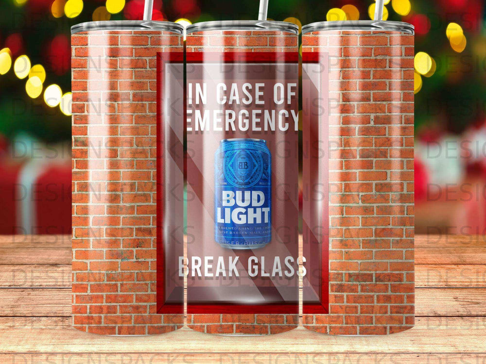 Bud Light can in a brick frame labeled "In Case of Emergency Break Glass."