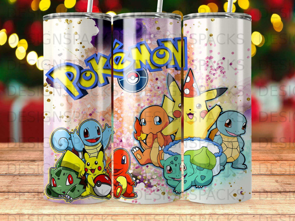 Pokemon characters Bulbasaur, Charmander, Squirtle, and Pikachu on a tumbler.