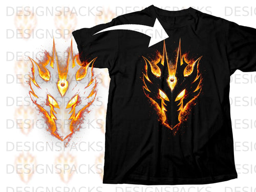 Black t-shirt with a fiery dragon-like graphic on the chest.