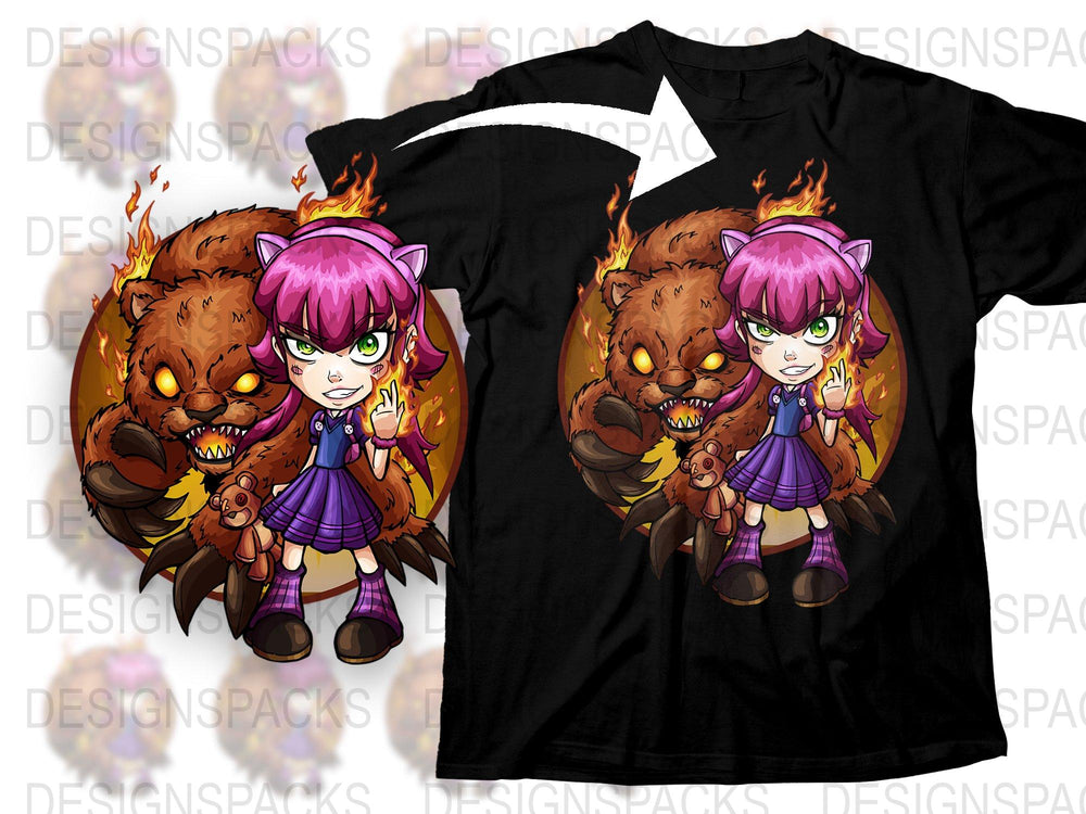 Anime Style Fiery Bear and Girl Graphic T-Shirt, Cute Cartoon Character Tee, Vibrant Print Top for Teens and Adults