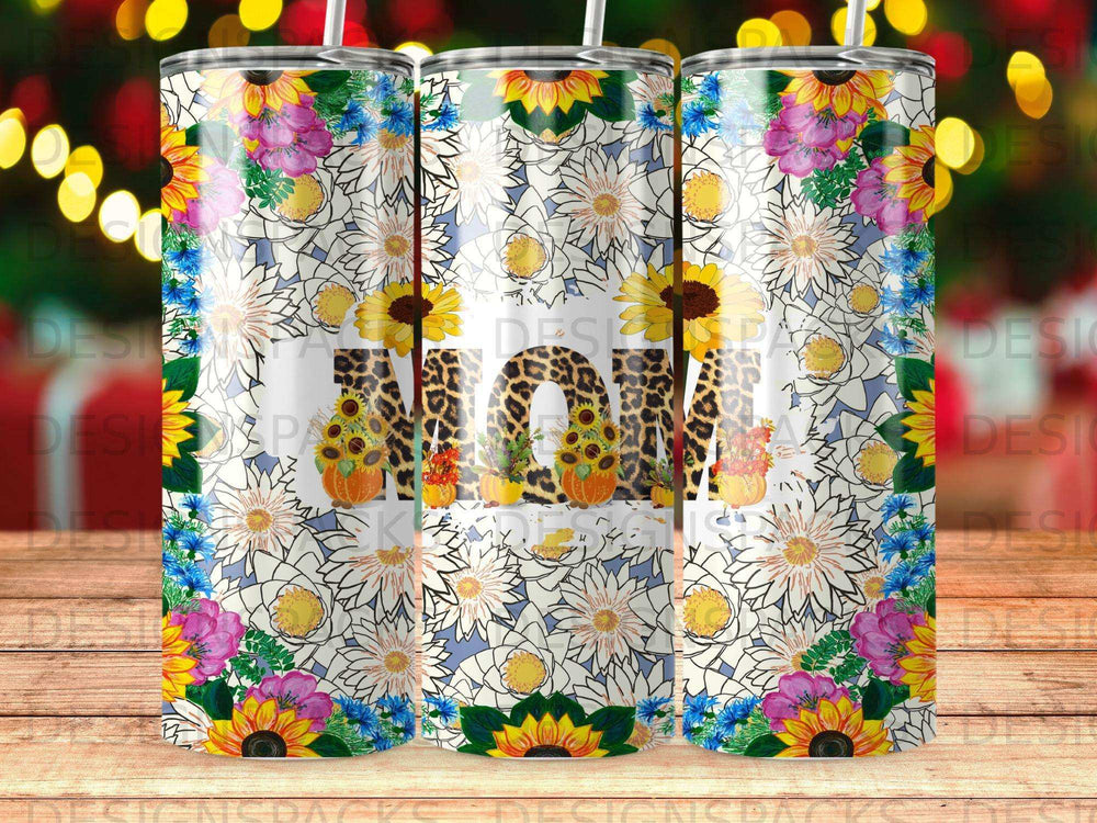 Floral patterned tumbler with "MOM" in leopard print and sunflowers.