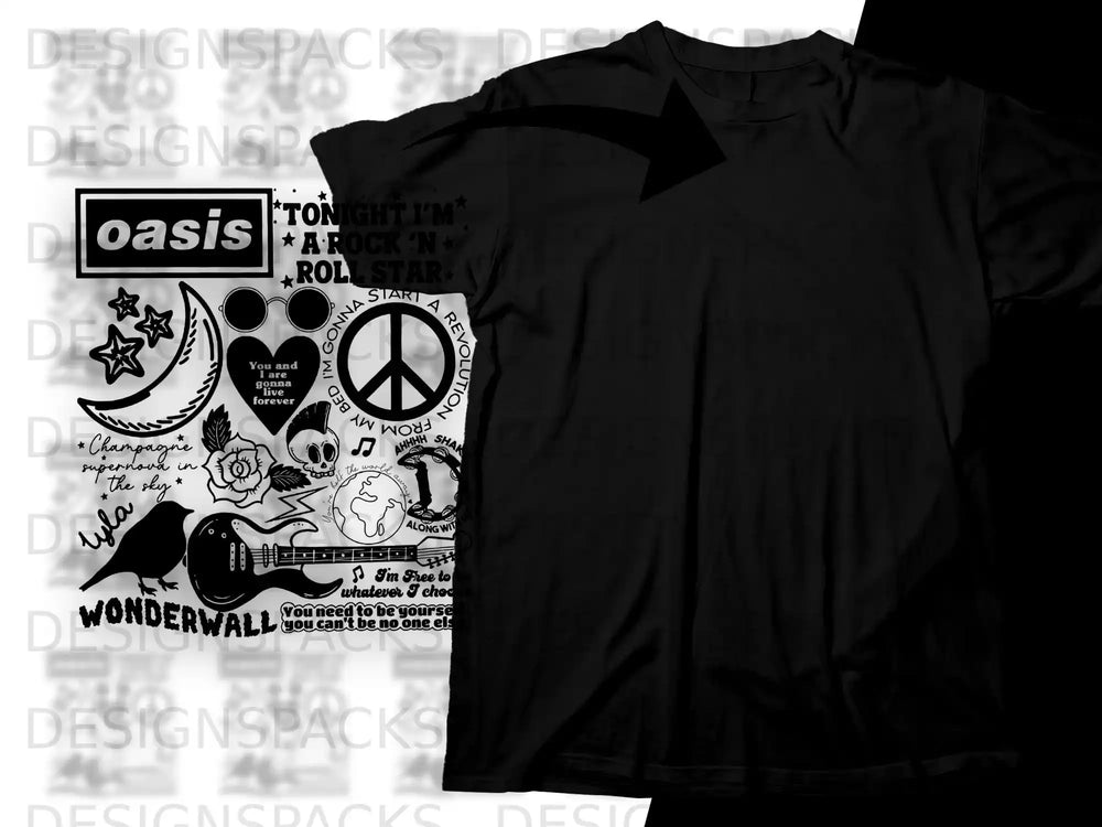 Black t-shirt with Oasis song lyrics and star graphics.