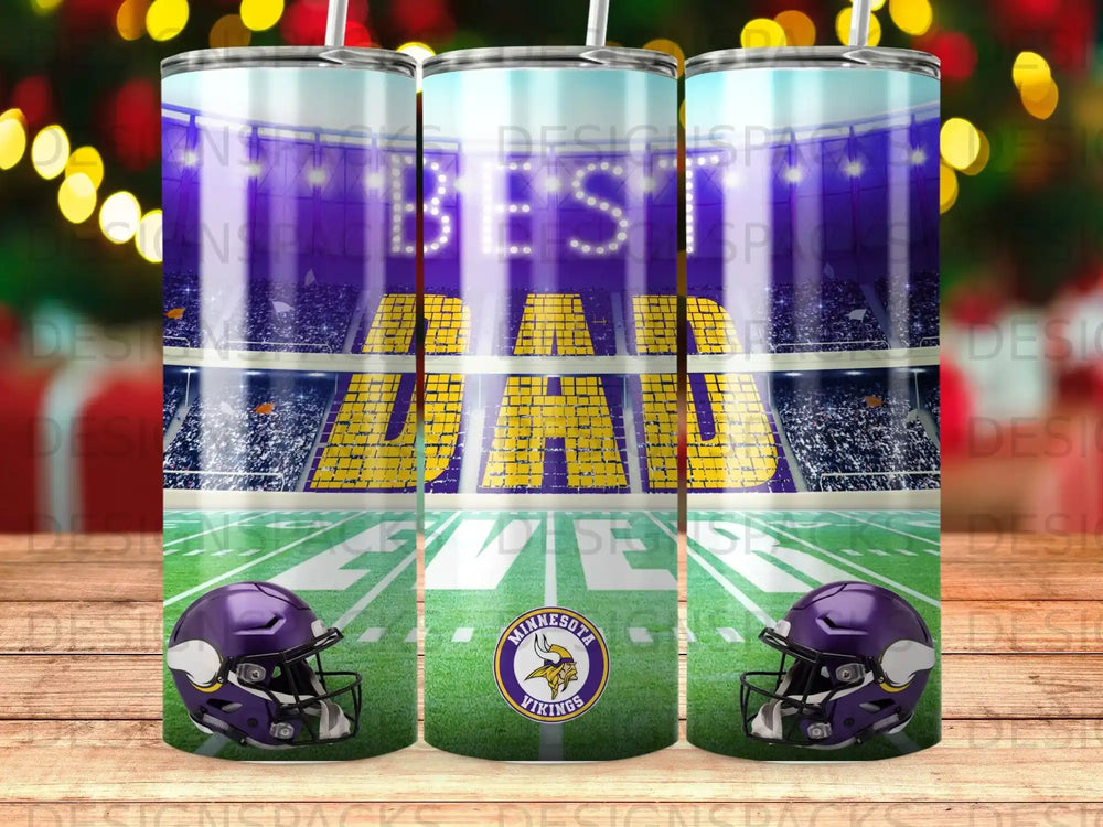 Minnesota Vikings "Best Dad" tumbler with football field and helmets.