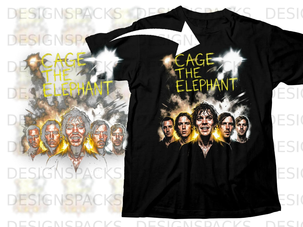 Black t-shirt with "Cage the Elephant" text and band members illustration.
