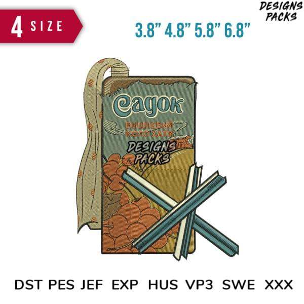 Embroidery design pack with vintage tea bag and crossed straws, available in multiple sizes and formats.