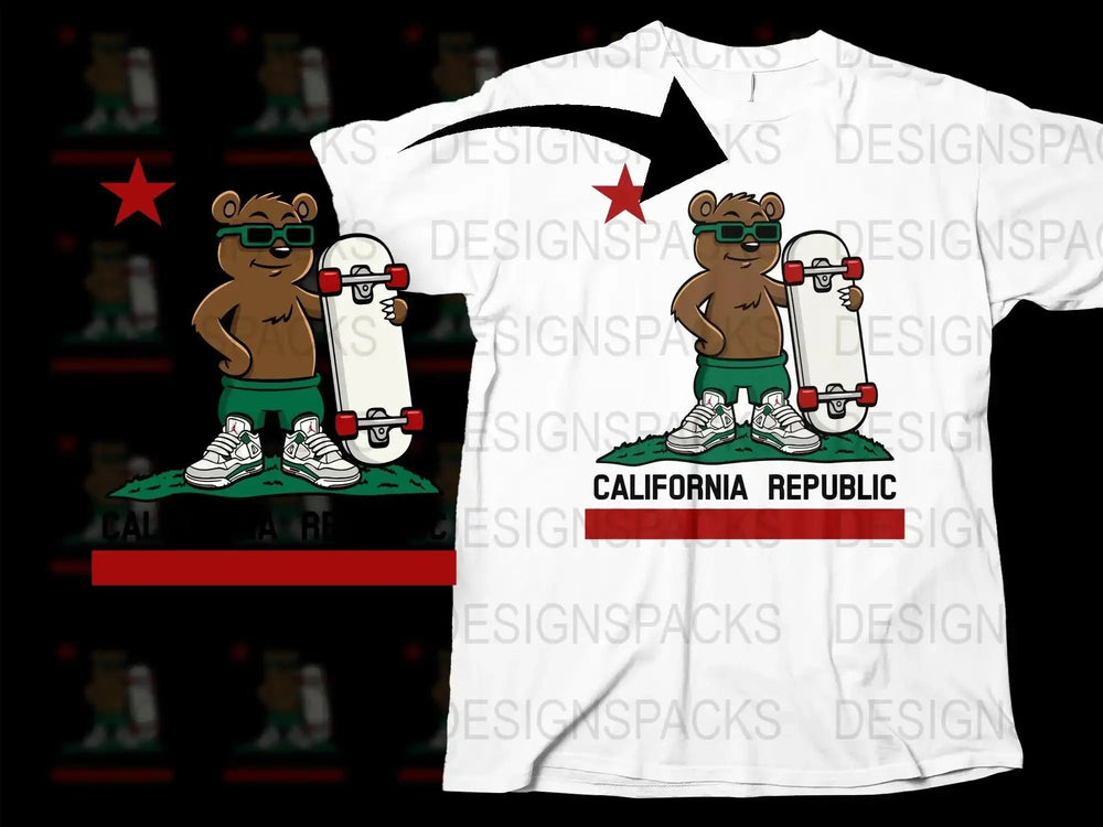 California Republic Bear with Skateboard Png Digital Download