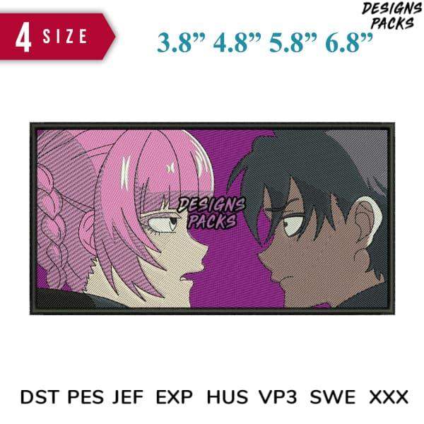 Anime embroidery design with pink and black hair characters, available in multiple sizes and formats