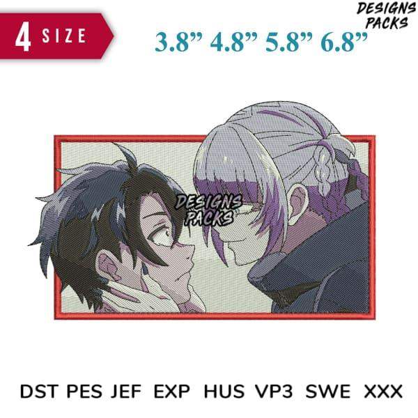 Anime couple embroidery design in 4 sizes, DTF/DTG & machine formats, print-ready PNG SVG PES