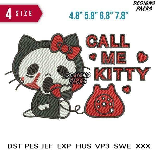 Cute skull cat with red bow and 'Call Me Kitty' text, embroidery design in 4 sizes, DST PES formats