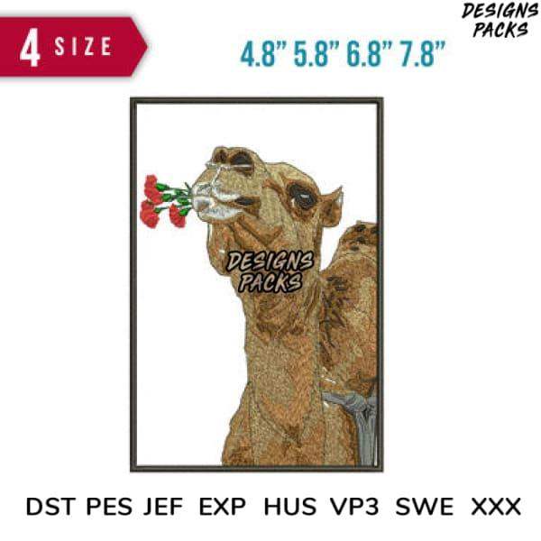 Embroidery design of camel holding red roses, available in multiple sizes and formats