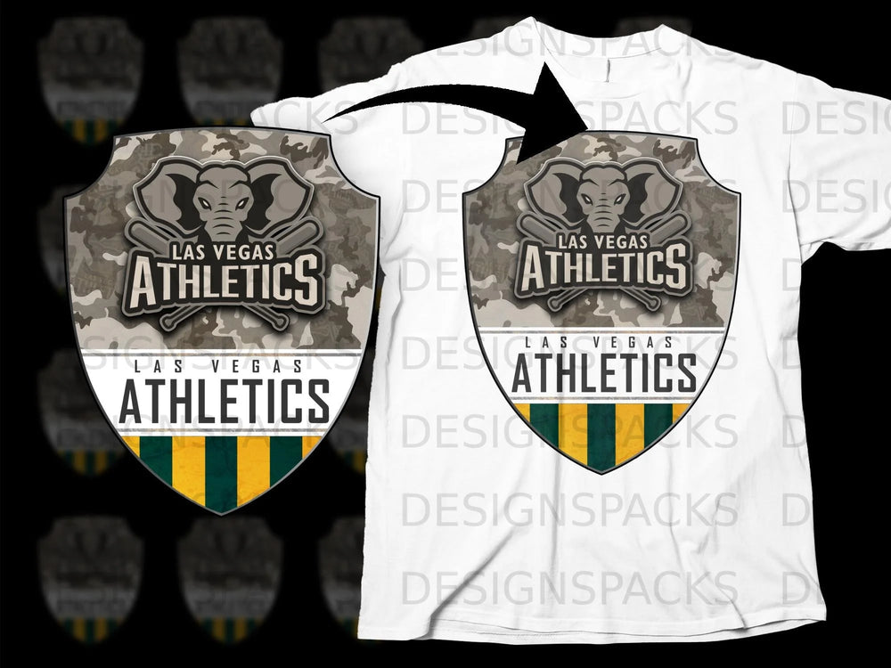 Las Vegas Athletics shield logo with elephant and baseball bats on a white t-shirt.