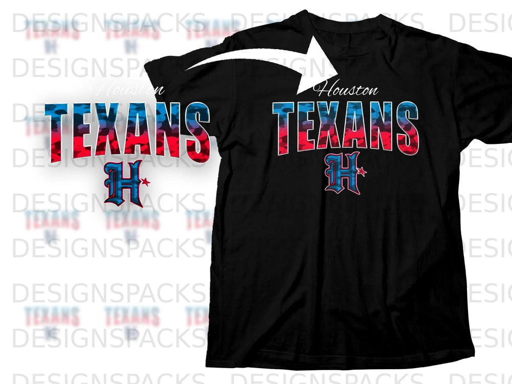 Black t-shirt with Houston Texans logo and camouflage text.