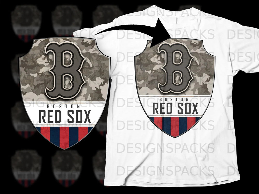 Boston Red Sox camouflage shield logo on a white t-shirt.
