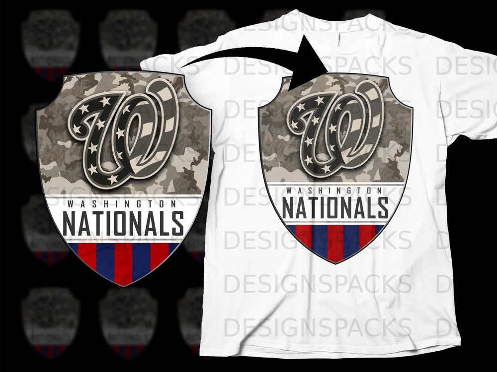 Washington Nationals logo with camouflage background on a white t-shirt.