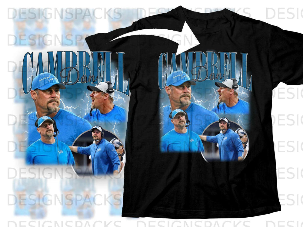 Black t-shirt featuring a football coach in blue uniform, "CAMPBELL" text.