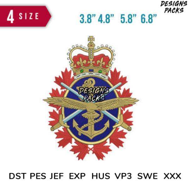 Military-style embroidery design with crown, maple leaves, anchor, and wings in 4 sizes, DST PES formats