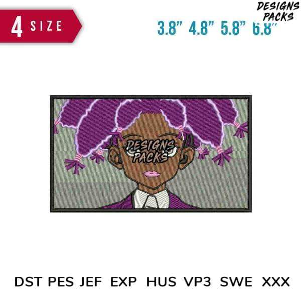Embroidery design of a girl with purple pigtails, available in multiple sizes and formats.