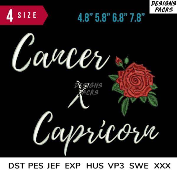 Cancer Capricorn zodiac embroidery design with red rose, 4 sizes, DST PES JEF formats