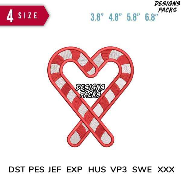 Candy cane heart embroidery design in 4 sizes, PES DST JEF formats for holiday crafts