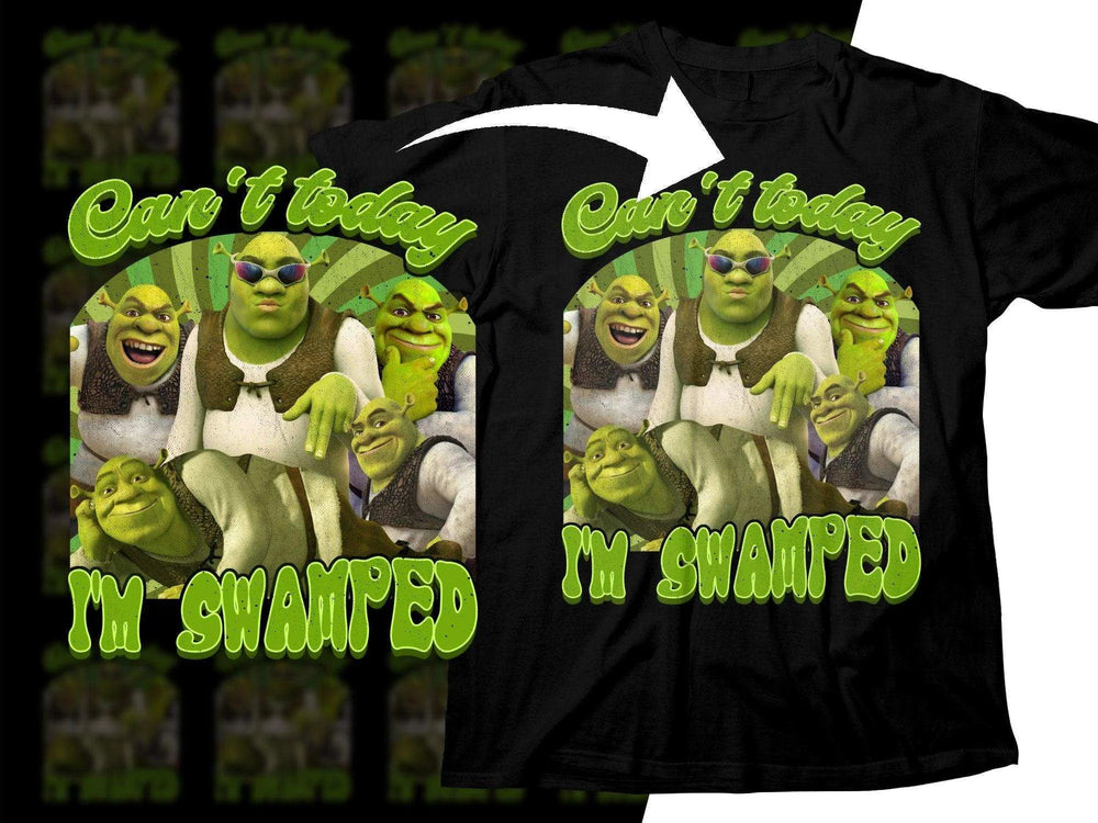 Shrek-themed black t-shirt with 'Can't today I'm swamped' design, featuring multiple Shrek expressions.