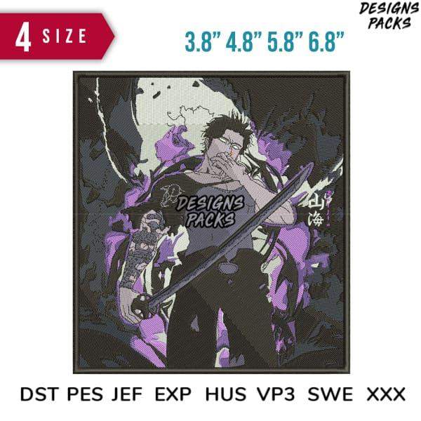 Anime samurai with sword, purple energy, embroidery design in DST PES formats, 4 sizes available