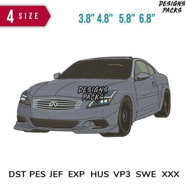 Embroidery design of a sleek car with 'Designs Packs' text, available in multiple sizes and formats.