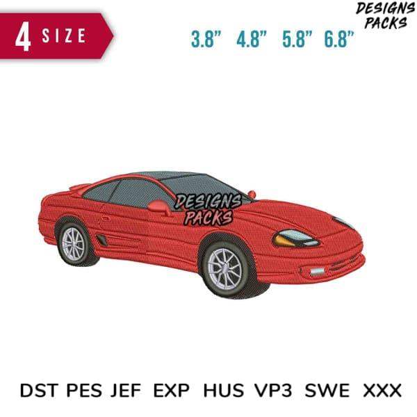 Red sports car embroidery design in 4 sizes, compatible with DST PES JEF formats for machine embroidery