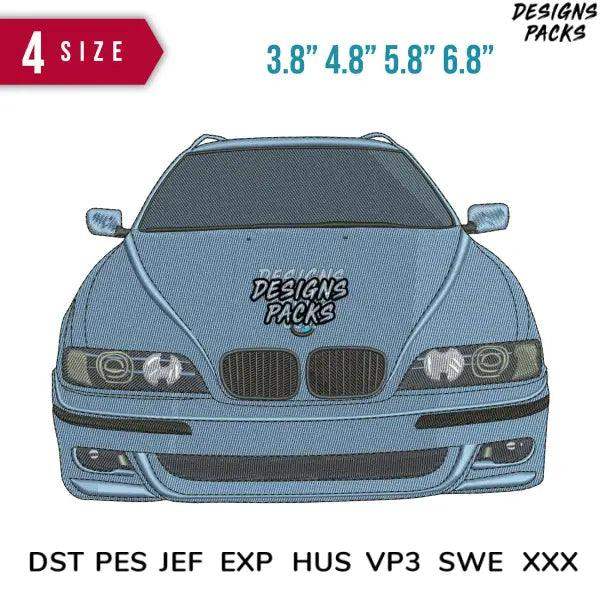 Embroidery design of BMW front view with 'Designs Packs' logo, available in 4 sizes and multiple file formats