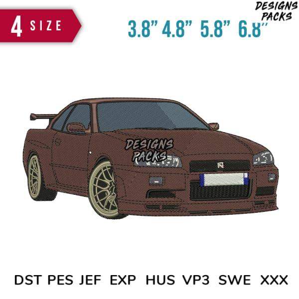 Embroidery design of a brown sports car with 4 size options, compatible with DST PES JEF formats