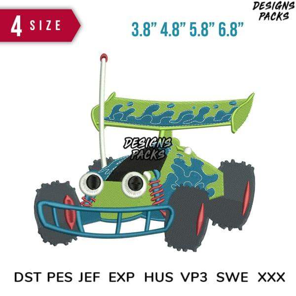 Embroidery design of a green monster truck with blue splashes, available in multiple sizes and formats.