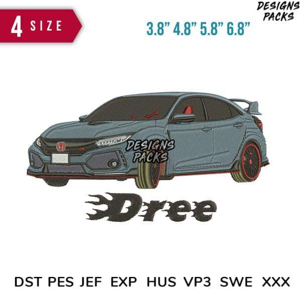 Embroidery design of a stylized Honda Civic with flame text 'Dree', available in 4 sizes and multiple file formats.