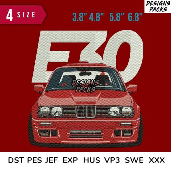 Red BMW E30 car design for embroidery, available in multiple sizes and formats