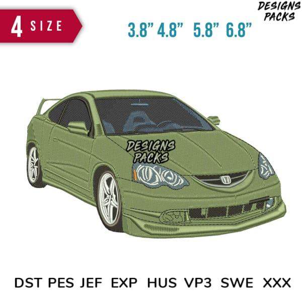 Green sports car embroidery design in 4 sizes, compatible with DST PES JEF formats for instant download