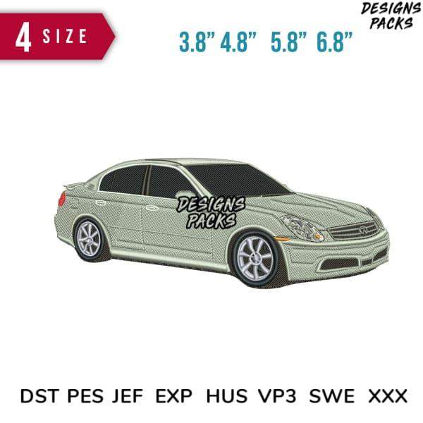 Embroidery design of a silver sedan car in 4 sizes, compatible with DST, PES, JEF formats for instant download.