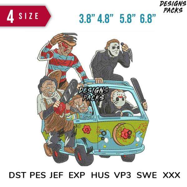 Halloween horror characters in van embroidery design, 4 sizes, DST PES formats, instant download