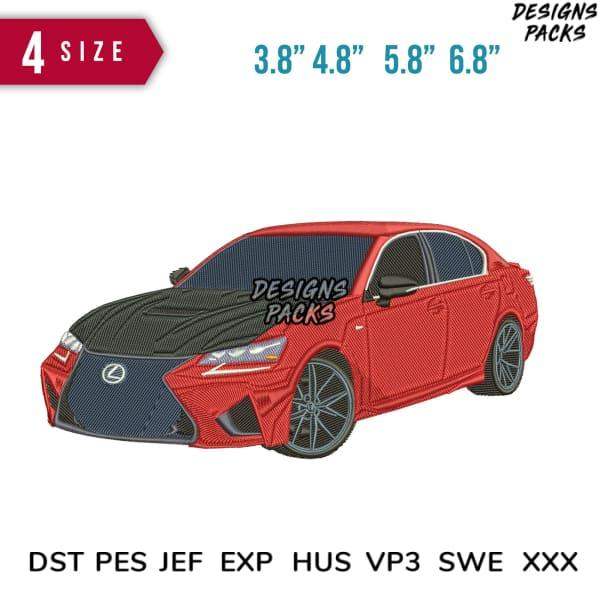 Red Lexus car embroidery design in 4 sizes, compatible with DST PES JEF formats for instant download