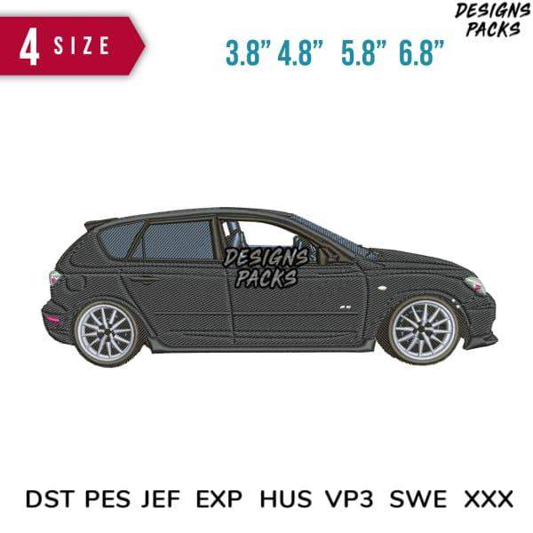 Embroidery design of a black hatchback car in 4 sizes, available in DST, PES, JEF formats
