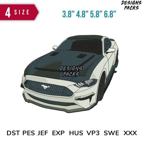 Embroidery design of a white and black Mustang car in 4 sizes, compatible with DST, PES, JEF formats